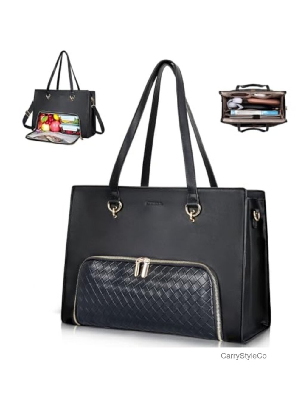 Faux Leather Laptop Tote Bag Insulated Lunch Compartment 17.3 Inch Large